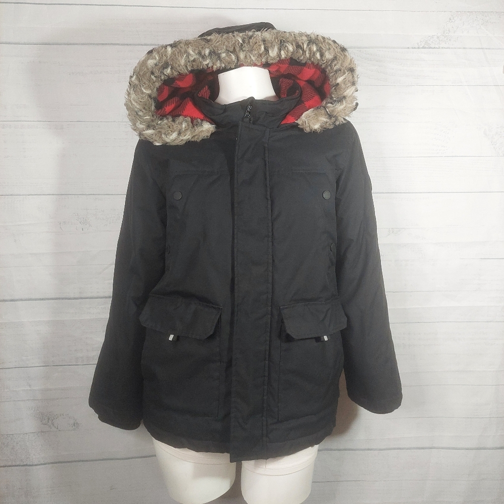 Boys Black Hooded Jacket with Faux Fur Trim